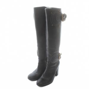 パディントン ロングブーツ レザー ハイヒール ベルト スタッズ 35.5 22.5cm 黒 ブラック