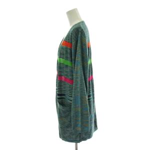 MISSONI ニットカーディガン 44 緑 グリーン マルチカラー ボーダー柄 ノーカラー 長袖 ハーフ丈 トップス