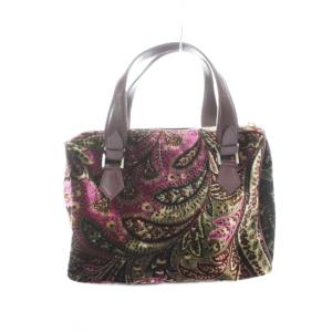 ETRO ハンドバッグ ベロア 紫 緑 ピンク ペイズリー柄 光沢 総柄 GY64 /RI OS