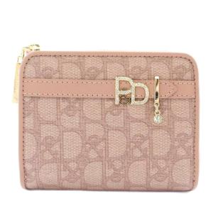 パドロック L字ファスナー 財布 二つ折り PVC レザー 総柄 ベルト ロゴ ラインストーン ピンク