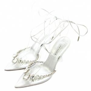 Galaxy 95 パンプス レザー ポインテッドトゥ ハイヒール レースアップ ビジュー ラインストーン