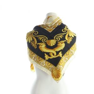 VERSACE atelier ヴィンテージ 大判スカーフ 絹 シルク ロゴ 総柄 ドラゴン 黄 イエロー GY18 /MQ