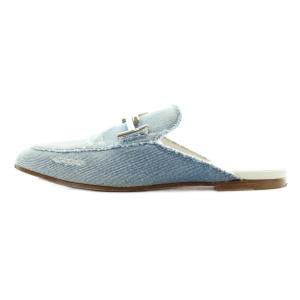 TOD'S ダブルT デニム レザー ミュール スリッポン フラット 35 22.5cm シルバー金具 青 ブルー