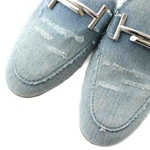 TOD'S ダブルT デニム レザー ミュール スリッポン フラット 35 22.5cm シルバー金具 青 ブルー
