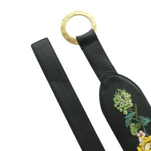 ETRO 刺繍入りレザーベルト 花柄 マルチカラー 黒 ブラック 緑 グリーン /SS OS GY19