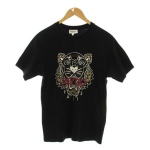 Tシャツ カットソー 虎プリント M 黒 ブラック 半袖 タイガー クルーネック /YM GY19