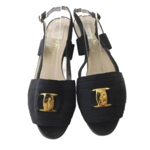Salvatore Ferragamo サンダル キャンバス ローヒール バックストラップ 7.5 黒 ブラック /SR GY