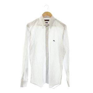SLIM FIT シャツ 長袖 ストライプ柄 ロゴ刺繍 ボタンダウン 42 ホワイト ネイビー /HK