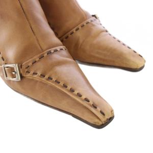 PRADA ショートブーツ ポインテッドトゥ レザー ステッチ ベルト 36 ベージュ /TK GY99