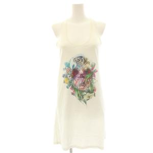 Tシャツ カットソー ノースリーブ フラワースカル プリント S 白 ホワイト /HN GY03