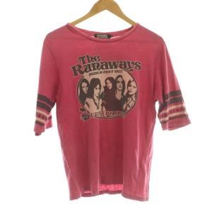 バンドTシャツ カットソー 5分袖 The Runaways プリント ヨレ加工 M ピンク 黒 ブラック