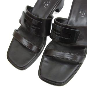 GUCCI サンダル スタックヒール ローヒール スクエアトゥ レザー 茶 ブラウン /SM17 GY19
