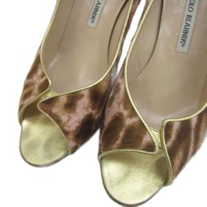 MANOLO BLAHNIK パンプス ピンヒール ハイヒール オープントゥ ハラコ レオパード柄 ヒョウ柄 38 ピンク ブラウン