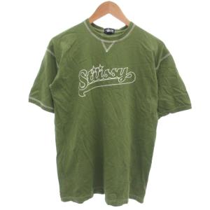 Tシャツ カットソー 半袖 ロゴプリント ステッチデザイン 平編み M コットン グリーン /MX