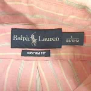 RALPH LAUREN リネンシャツ 麻 絹 シルク混 L ピンク ストライプ柄 ボタンダウン 半袖 トップス /YU GY64