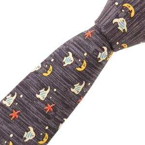 美品 ネクタイ レギュラータイ 絹 シルク 魚柄 月柄 グレー 紺 ネイビー /JS GY19