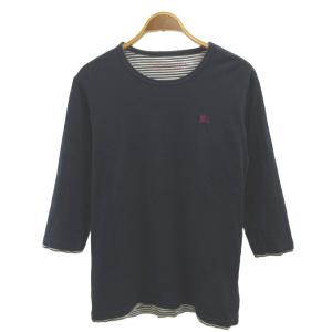 Tシャツ 3 紺 ネイビー 白 ホワイト ボーダー柄 ロゴ刺繍 ラウンドネック 七分袖 /NP GY19