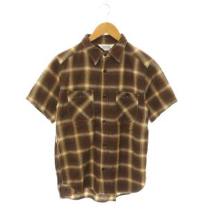 シャツ 半袖 チェック コットン S 茶 ブラウン /HS GY12