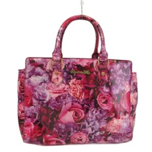 トートバッグ ハンドバッグ エナメル 花柄 薔薇 フラワープリント 総柄 ロゴ ゴールド金具 紫 パープル