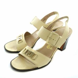 サンダル レザー リザード型押し オープントゥ チャンキーヒール ストラップ ロゴ ゴールド金具 7 24.5cm ベージュ