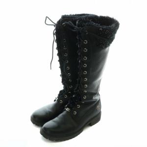 Timberland ロングブーツ レザー フェイクファー ラウンドトゥ レースアップ ロゴ 刺繍 7.5 24.5cm 黒 ブラック