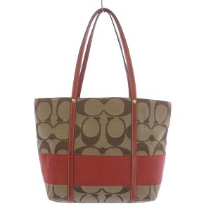COACH トートバッグ シグネチャー ストライプ キャンバス レザー 茶 ブラウン 赤 レッド 11098