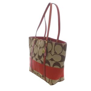 COACH トートバッグ シグネチャー ストライプ キャンバス レザー 茶 ブラウン 赤 レッド 11098