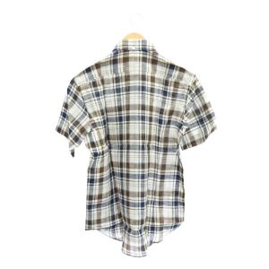 Aquascutum ワイシャツ 半袖 ボタンダウン スタンドカラー チェック柄 リネン S マルチカラー