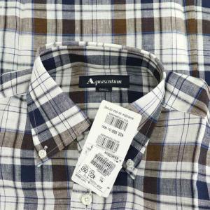 Aquascutum ワイシャツ 半袖 ボタンダウン スタンドカラー チェック柄 リネン S マルチカラー