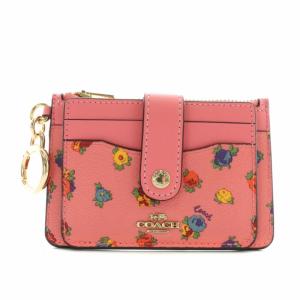 COACH カードケース コインケース 小銭入れ PVC レザー 花柄 総柄 ロゴ ゴールド金具 キーリング付き ピンク C9933