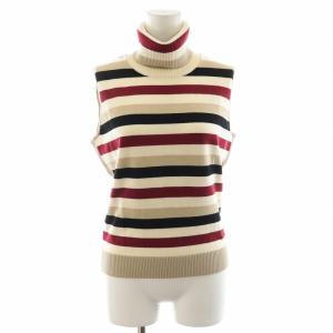ニット セーター ノースリーブ タートルネック ボーダー ロゴ刺繍 タグ付き 2 M アイボリー ベージュ マルチカラー GY13