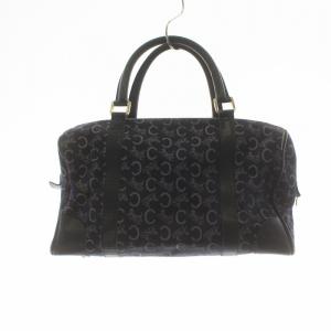 CELINE ヴィンテージ ミニボストン ハンドバッグ Cマカダム キャンバス レザー ロゴ 紺 ネイビー GY18