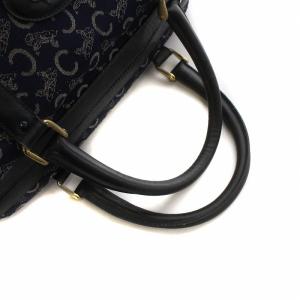 CELINE ヴィンテージ ミニボストン ハンドバッグ Cマカダム キャンバス レザー ロゴ 紺 ネイビー GY18