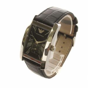 EMPORIO ARMANI 腕時計 ウォッチ スクエア クォーツ ローマン 黒文字盤 ロゴ レザーベルト シルバー色 黒 ブラック GY17