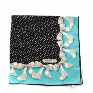TIFFANY&Co. スカーフ 絹 シルク 大判 リボン ロゴ 総柄 ティファニーブルー 黒 ブラック
