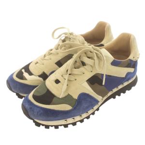 VALENTINO GARAVANI スニーカー ローカット カモフラ 迷彩柄 スエード レザー スタッズ 40 25?p ベージュ 青 ブルー FN952Y2