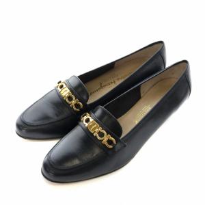 パンプス ビットローファー レザー ラウンドトゥ チャンキーヒール ガンチーニ ロゴ ゴールド金具 5.5 22.5cm 黒