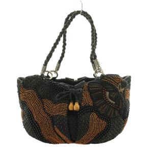 JAMIN PUECH ハンドバッグ レザー キャンバス ビーズ 総柄 黒 ブラック