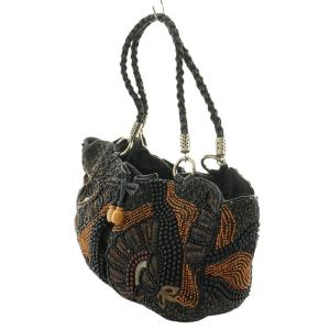 JAMIN PUECH ハンドバッグ レザー キャンバス ビーズ 総柄 黒 ブラック