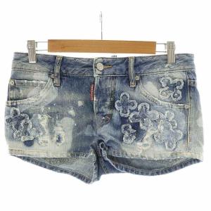 ショートパンツ ハーフパンツ デニム ブリーチ ダメージ加工 ペイント加工 花柄 38 S 青 ブルー