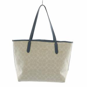 COACH シティー トートバッグ ハンド PVC レザー シグネチャー 総柄 マグネット ロゴ 白 ホワイト 青 ブルー CB869