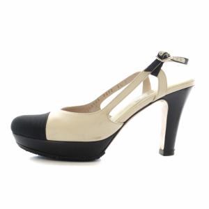 サンダル レザー ラウンドトゥ ハイヒール 切替 アンクルストラップ 6.5 24cm 白 ホワイト 黒 ブラック