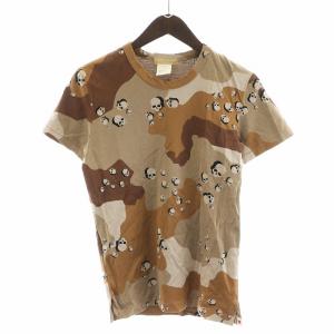 Tシャツ カットソー 半袖 カモフラ 迷彩 スカル ドクロ S ベージュ 茶 ブラウン GY18