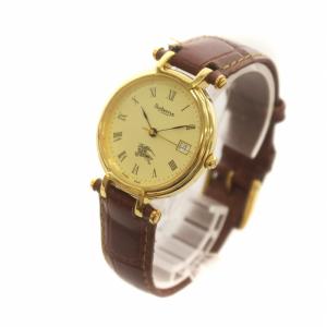 burberrys ジャンク品 ヴィンテージ 腕時計 クォーツ デイト ローマン レザーベルト ゴールド色