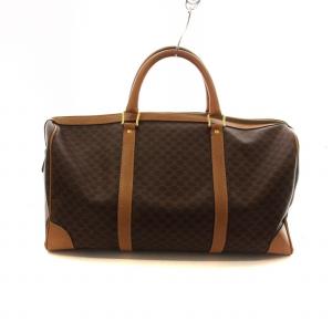 CELINE M14 ボストンバッグ 旅行カバン ロゴ マカダム柄 総柄 南京錠 ネーム記入あり PVC レザー 茶 ブラウン GY18