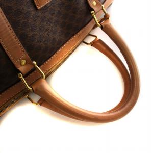 CELINE M14 ボストンバッグ 旅行カバン ロゴ マカダム柄 総柄 南京錠 ネーム記入あり PVC レザー 茶 ブラウン GY18