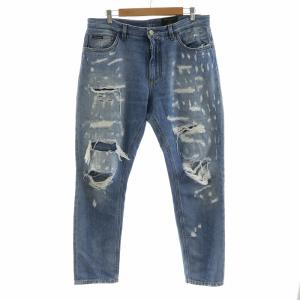 LOOSE デニムパンツ ジーンズ ルーズ ダメージ加工 ロゴプレート 48 M 青 ブルー GY18