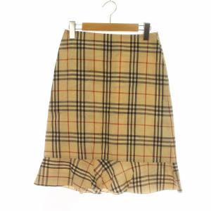 台形スカート ミドル ノバチェック ジップフライ ロゴ 麻 リネン フリル 38 S ベージュ GY18