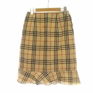 BURBERRY BLUE LABEL 台形スカート ミドル ノバチェック ジップフライ ロゴ 麻 リネン フリル 38 S ベージュ GY18