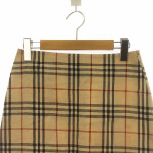 BURBERRY BLUE LABEL 台形スカート ミドル ノバチェック ジップフライ ロゴ 麻 リネン フリル 38 S ベージュ GY18